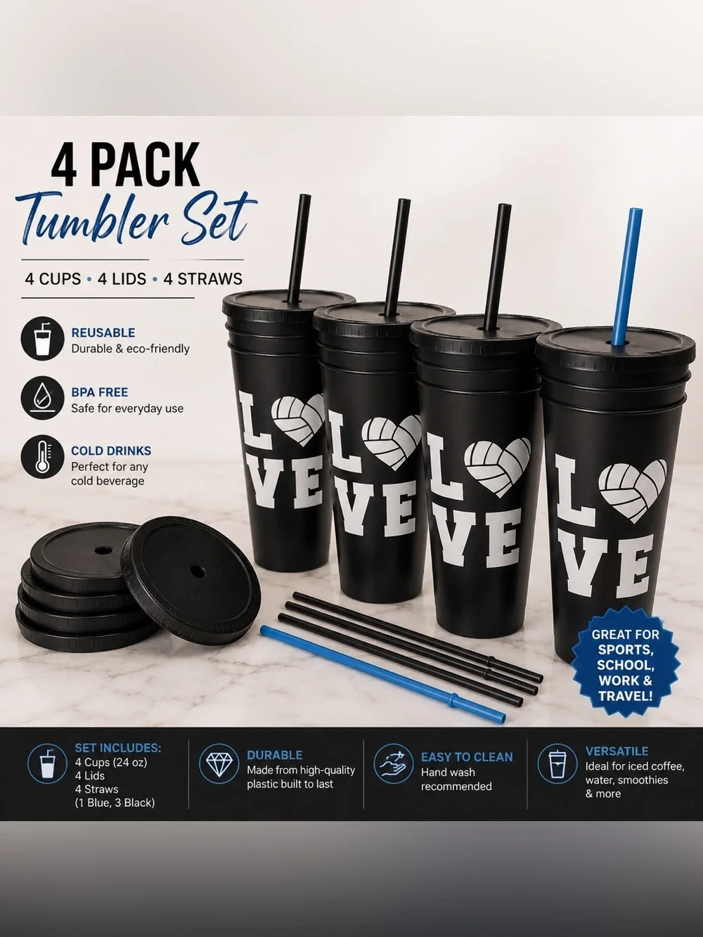 Hand Crafted Black LOVE Volleyball Tumbler Set - 4 Pack